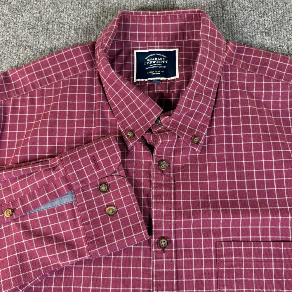 Charles Tyrwhitt Mens Extra Slim Fit Non-Iron Burgundy Windowpane Shirt XL #3796